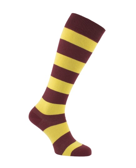 Chaussettes d'équitation à rayures larges en bordeaux et jaune