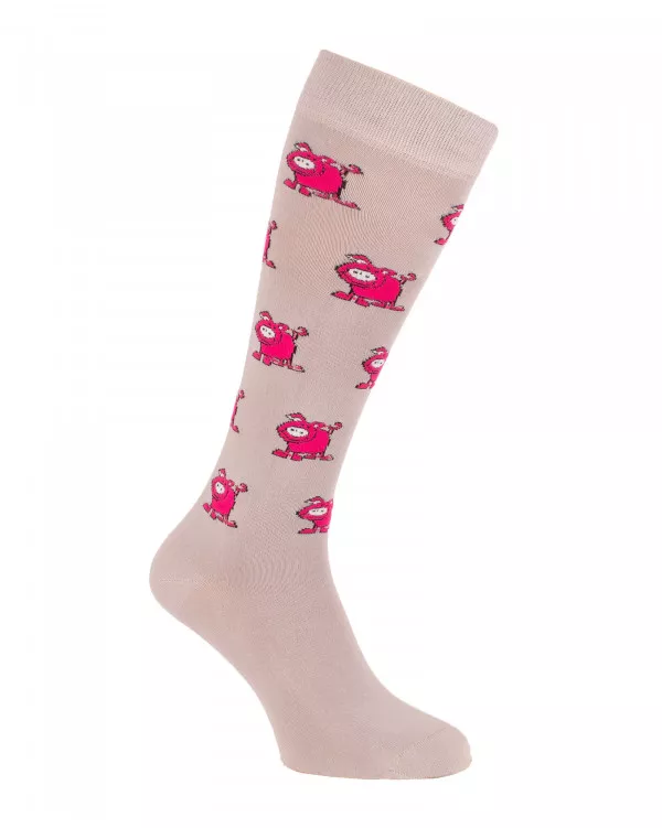 chaussettes équitation cochons gris clair et rose fuchsia