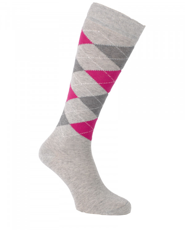 Chaussettes d'équitation à losanges, écossaises gris chiné fuchsia