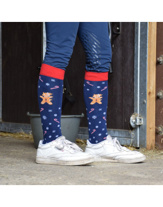 Chaussettes d'équitation Poney de Pain d'Epices en bleu marine portées