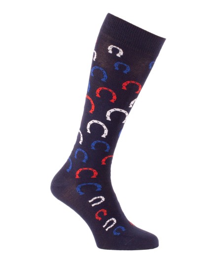 Chaussettes équitation fer à cheval marine bleu blanc rouge