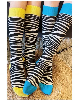 Chaussettes d'équitation peau de zèbre bord talon orteils jaune et turquoise