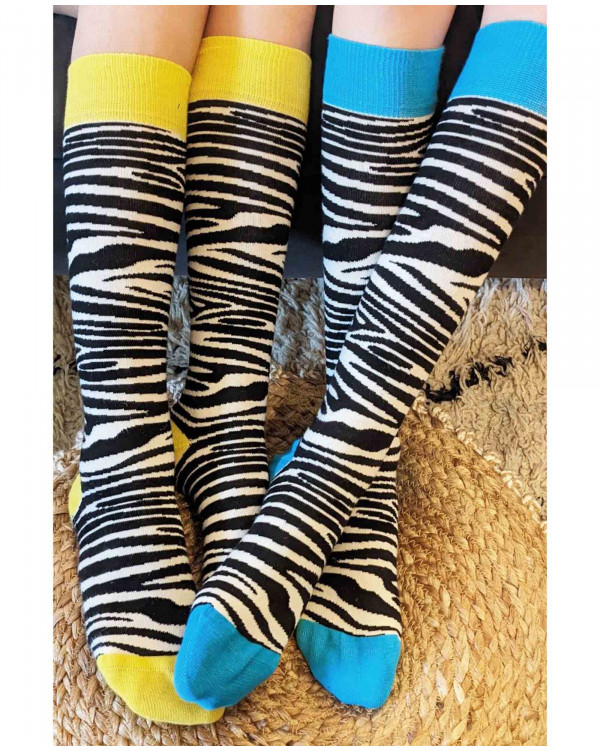 Chaussettes d'équitation peau de zèbre bord talon orteils jaune et turquoise