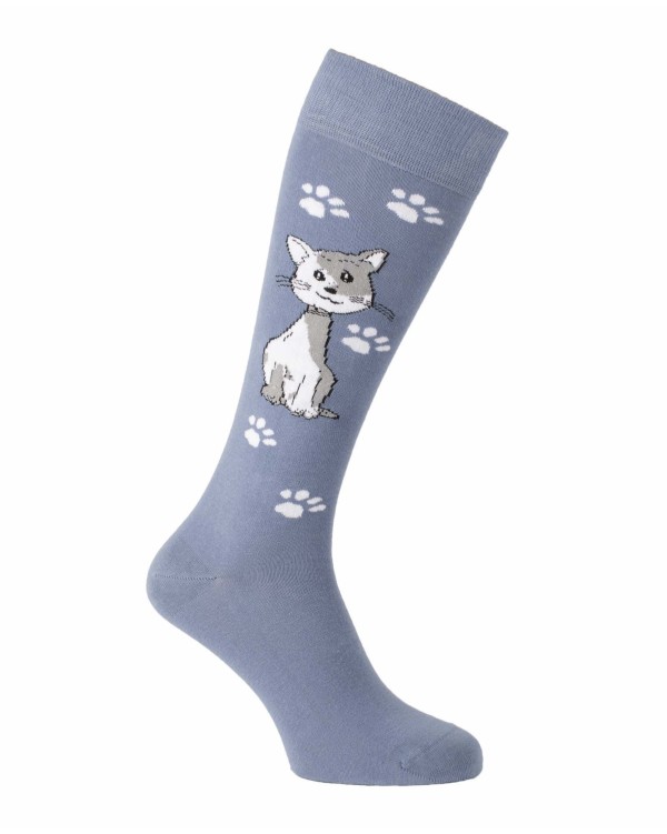 Chaussettes hautes fantaisie avec un chat bleu gris et blanc