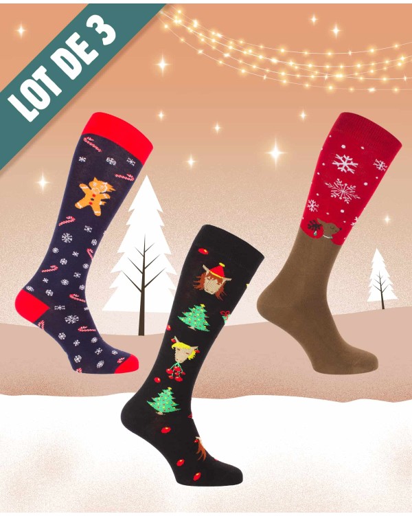 Lot promo Noël 3 paires chaussettes montantes fantaisie