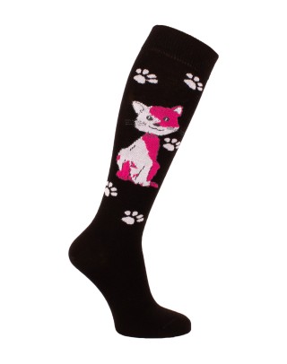 Chaussettes hautes fantaisie avec un chat noir et fuchsia