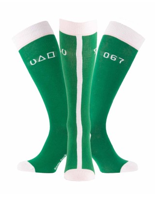 Chaussettes hautes fantaisie Squid vert avec matricule et symboles panorama