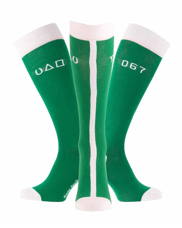 Chaussettes hautes fantaisie Squid vert avec matricule et symboles panorama