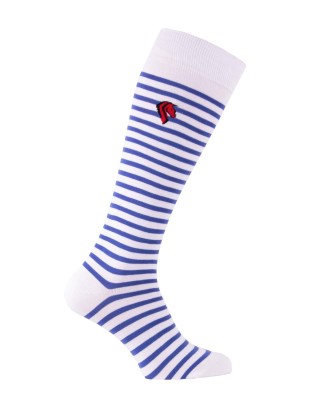 Chaussettes montantes équitation rayures et tête cheval blanc et roi