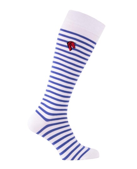 Chaussettes montantes équitation rayures et tête cheval blanc et roi