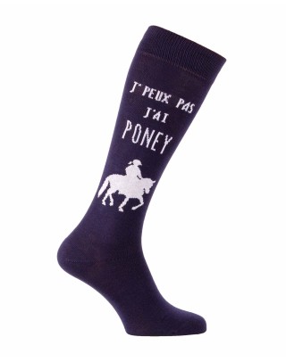 Chaussettes fantaisie équitation J'peux pas j'ai poney marine et blanc