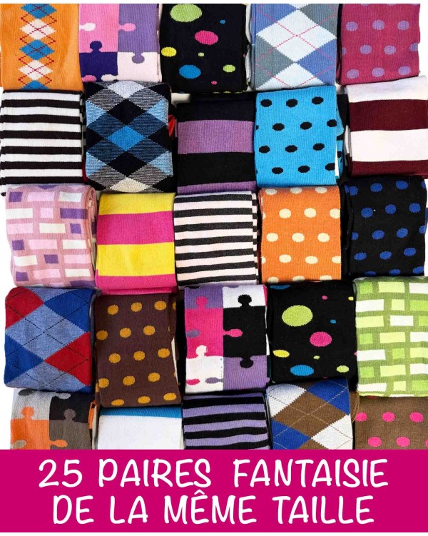 Lot 25 paires de chaussettes montantes fantaisie même taille