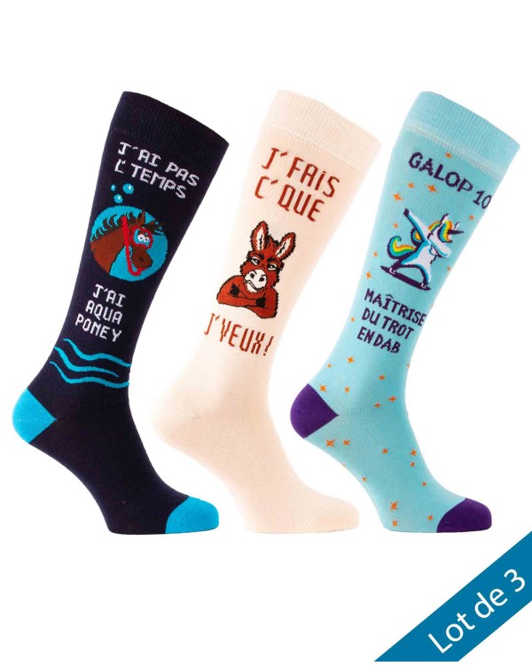 Lot de 3 paires de chaussettes équitation Humour