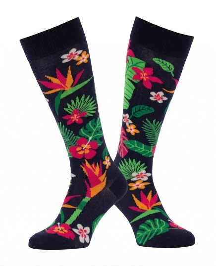 Chaussettes hautes motifs plantes exotiques double marine