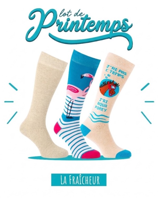 Lot 3 paires chaussettes equitation avec flamants roses, aqua-poney et uni écru