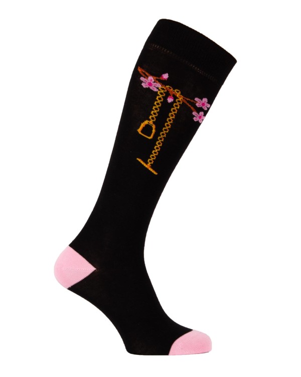 chaussettes montantes équestres étrier bijou fleurs noir