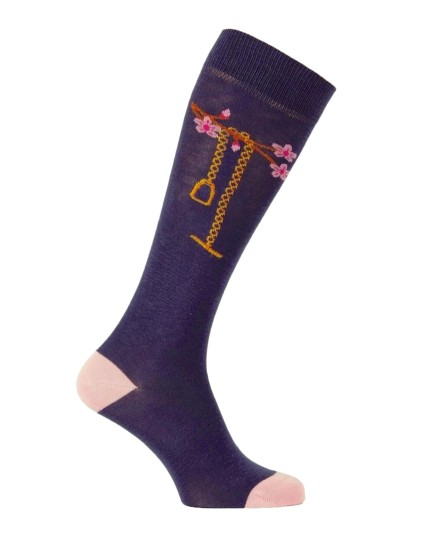 chaussettes montantes équestres étrier bijou fleurs indigo