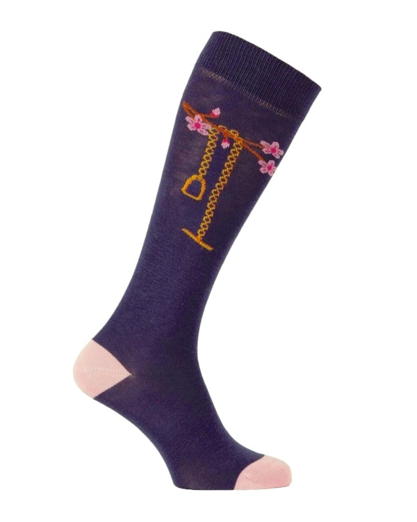 chaussettes montantes équestres étrier bijou fleurs indigo