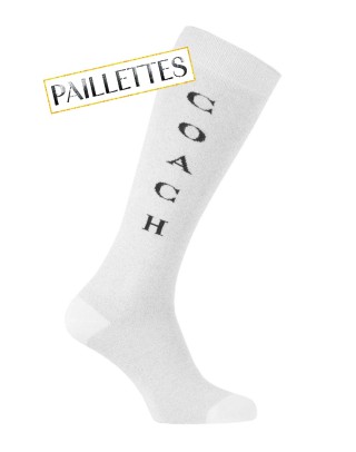 Chaussettes hautes gris clair paillettes motif Coach encart