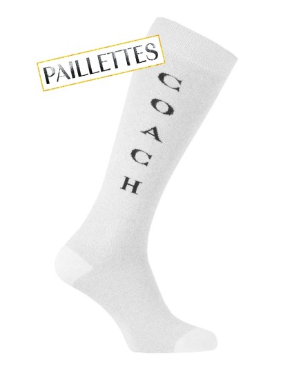 Chaussettes hautes gris clair paillettes motif Coach encart