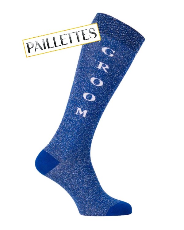 Chaussettes hautes bleu roi paillettes dorées motif Groom