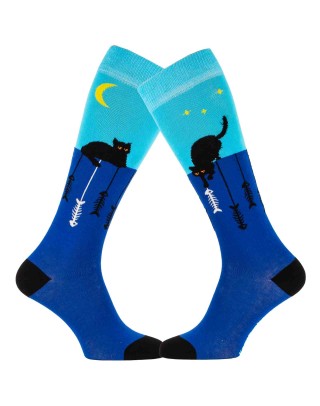 chaussettes montantes bleues avec chats et arrêtes de poissons - duo