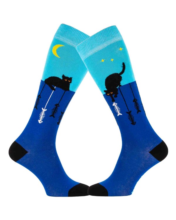 chaussettes montantes bleues avec chats et arrêtes de poissons - duo