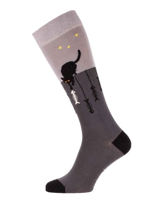 chaussettes montantes grises avec chats et arrêtes de poissons - droite