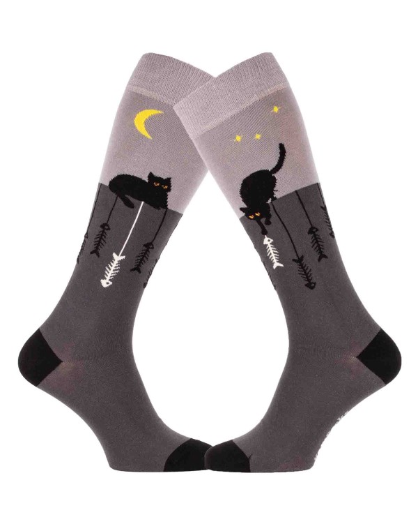 chaussettes montantes grises avec chats et arrêtes de poissons - duo