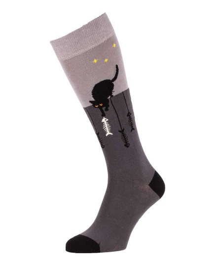 chaussettes montantes grises avec chats et arrêtes de poissons - droite 2