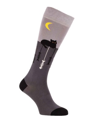 chaussettes montantes grises avec chats et arrêtes de poissons - gauche 2