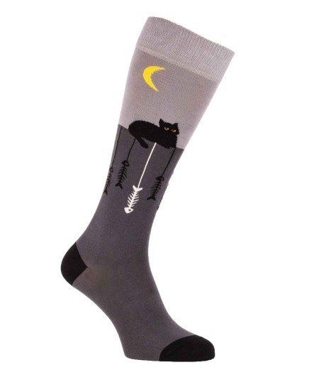 chaussettes montantes grises avec chats et arrêtes de poissons - gauche 2