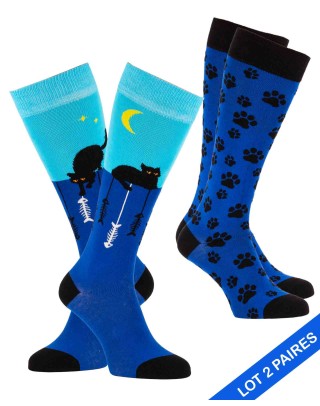 Lot chaussettes hautes chats stylés + chaussettes montantes pattounes bleu