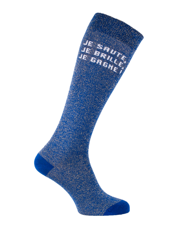 chaussettes hautes paillettes texte équitation bleu roi