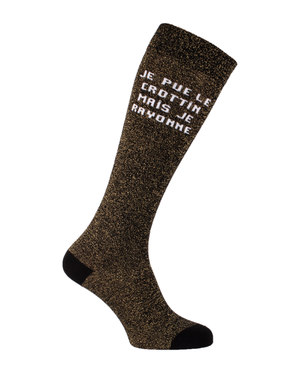 chaussettes montantes équestres textes à paillettes noir or