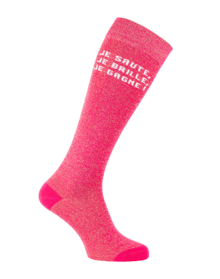 chaussettes hautes paillettes texte équitation rose fuchsia