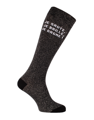 chaussettes hautes paillettes texte équitation noir argent