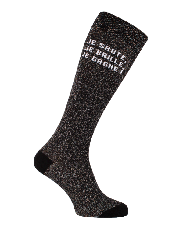 chaussettes hautes paillettes texte équitation noir argent