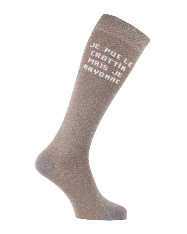 chaussettes montantes équestres textes à paillettes gris doré