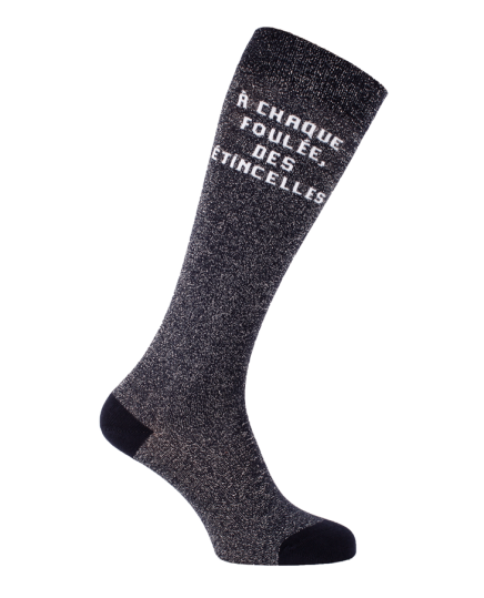 chaussettes hautes paillettes textes équestre noir argent