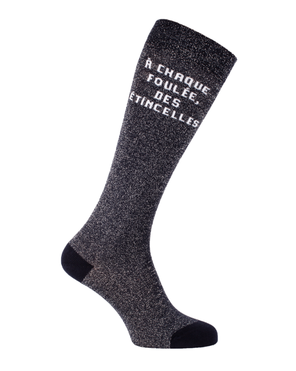 chaussettes hautes paillettes textes équestre noir argent