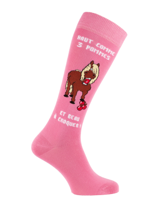 Chaussette equitation poney shetland avec texte et pommes - rose