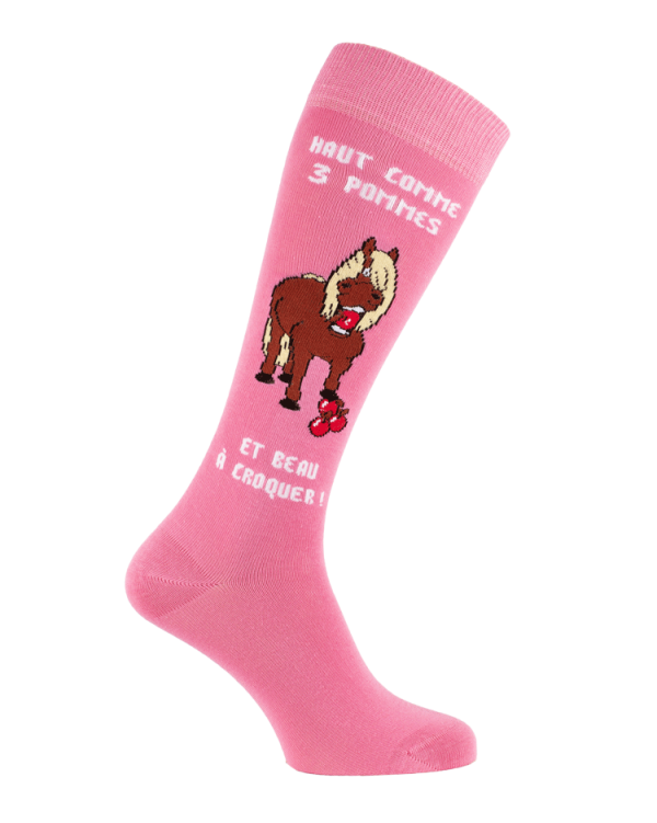 Chaussette equitation poney shetland avec texte et pommes - rose