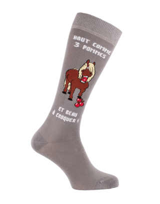 Chaussette equitation poney shetland avec texte et pommes - gris