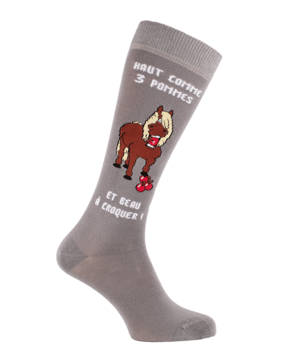 Chaussette equitation poney shetland avec texte et pommes - gris