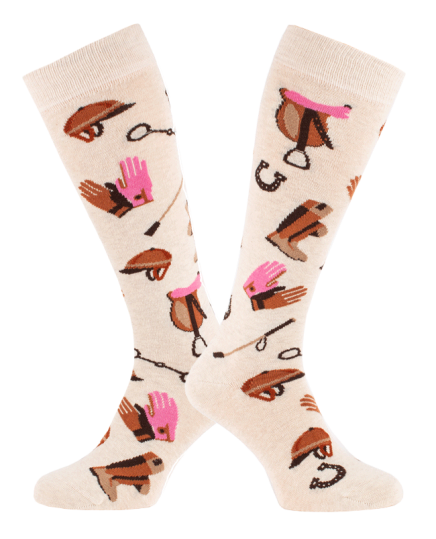 chaussettes montantes pour cavalier avec accessoires équestres couleur écru détail rose panorama