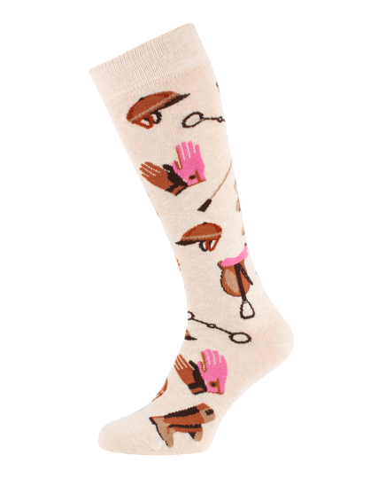 chaussette montante pour cavalier avec accessoires équestres couleur écru, profil gauche détail rose