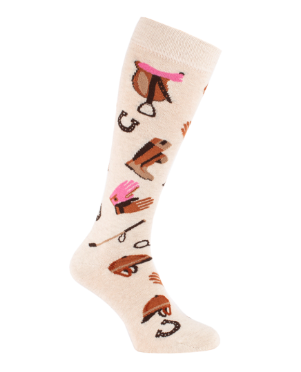 chaussette montante pour cavalier avec accessoires équestres couleur écrue, profil droit détail rose