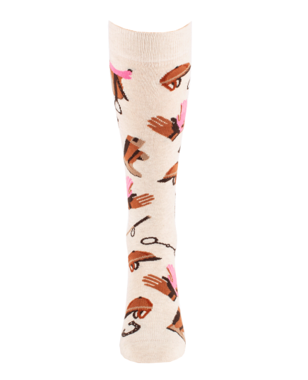 chaussette montante pour cavalier avec accessoires équestres couleur écru, de face détail rose