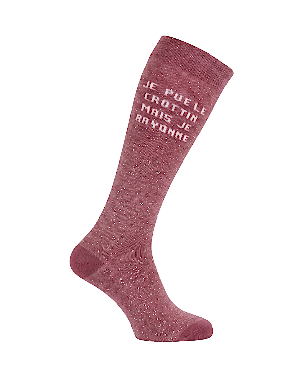 chaussettes montantes équestres textes à paillettes vieux rose argenté